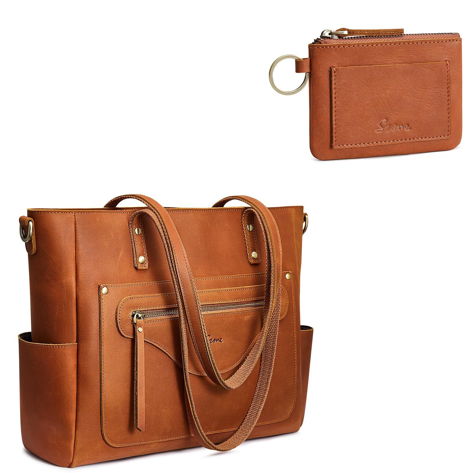 6835 Leather Tote Bag Bundle With Leather Coin Purse Keychain